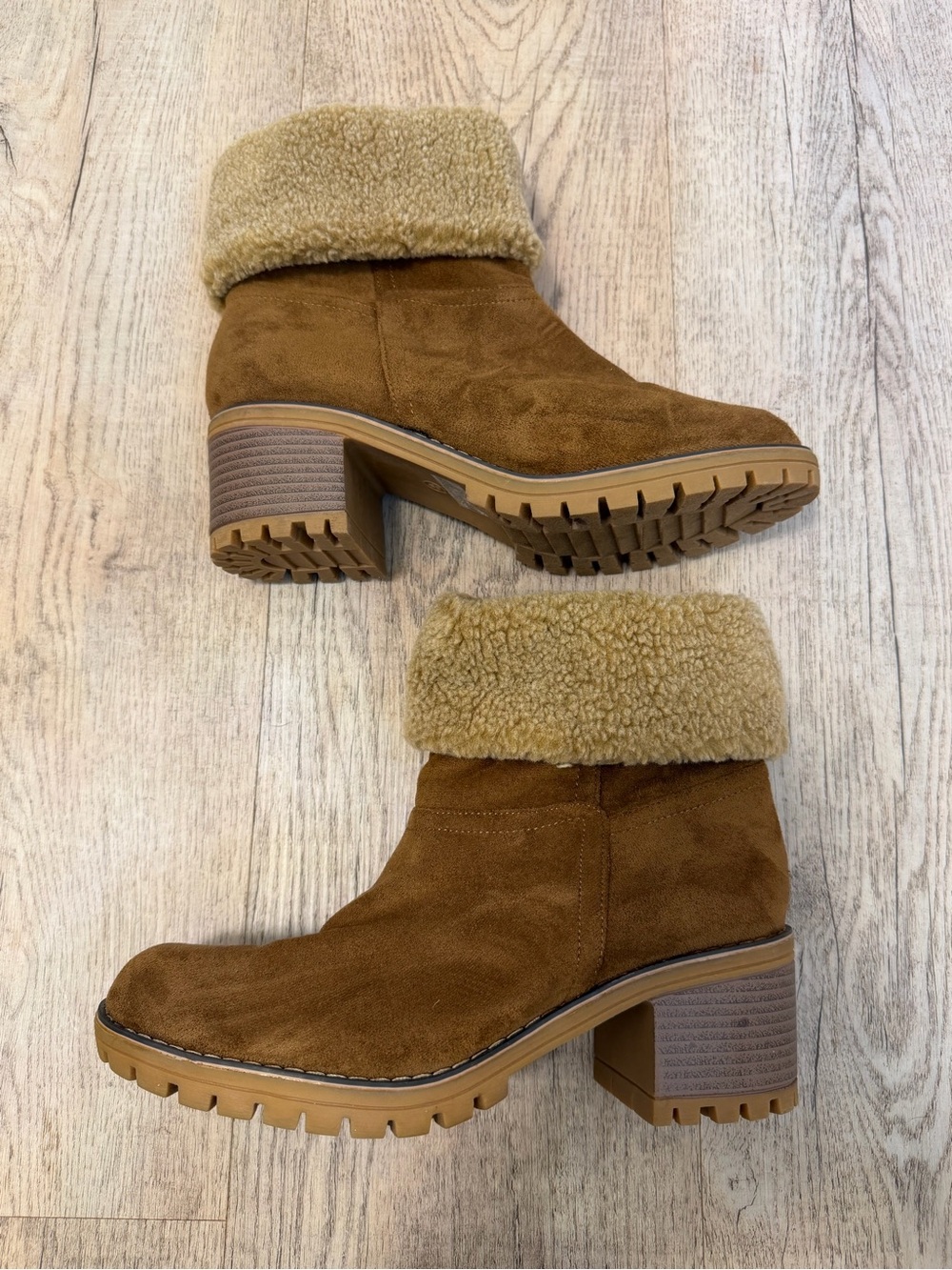 Women's Chestnut Brown Faux Suede Fold-Over Ankle Boot with Shearling Cuff